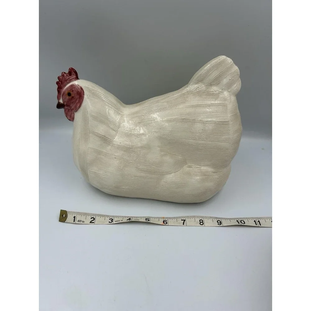 Vintage White Ceramic Chicken Hen Figurine with Red Comb, Approx 9in L x 8in T